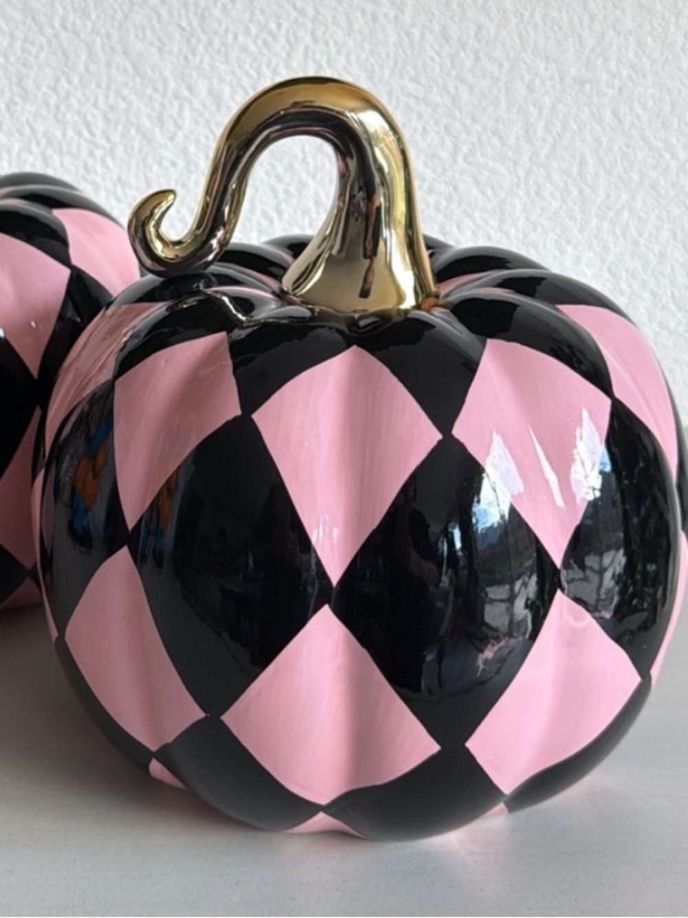 Black and Pink Harlequin Pumpkin. Glossy finish with a Gold stem. Like new! - Picture 6 of 8